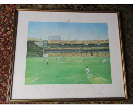 Framed and glazed England Vs Australia Cricket print of 1977 Centenary test autographed by England team and artist 65cm x79cm