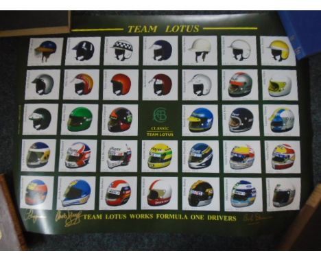 Team Lotus Works Formula One Drivers print celebrating the drivers from 1958 to 1994 signed by C Chapman, Bob Dance and Chris