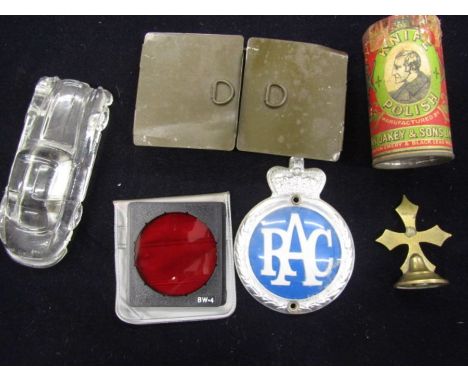 Various collectables inc RAC badge (plastic) Crowns and a one pound note, brass star topper