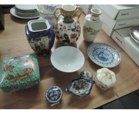 A selection of Oriental style ceramics including double handled vase, bowls and trinket dishes etc
