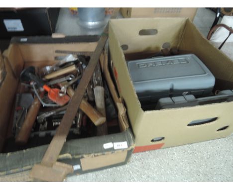 Two boxes of tools including sash clamp, vice and Dremel hand tool etc