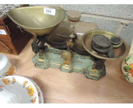 A set of H Pooley & Son Birmingham kitchen scales and weights and ceramic bed warmer 