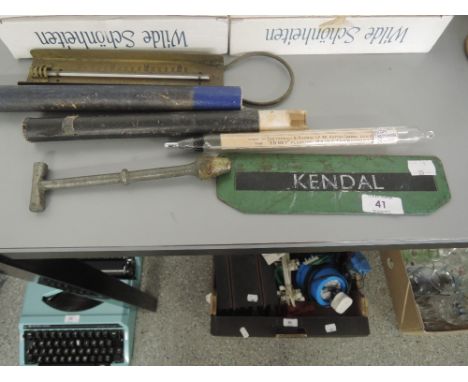 A metal Kendal sorting office sign, a vintage EDNEY dairy thermometer (boxed), brass thermometer and J Wooley hydrometer