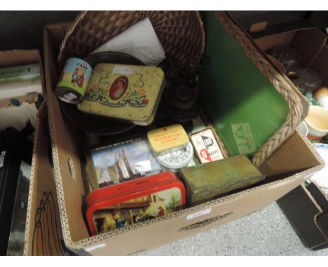 A miscellaneous lot including scales and weights, vintage tins etc