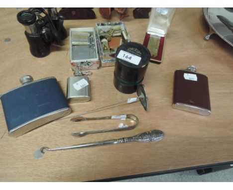 A miscellaneous selection including hip flasks, hat pin, Diamond lighter, HM thimble etc