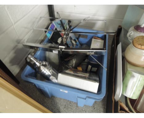 A miscellaneous box containing vintage fire extinguisher, speakers, music stand etc 