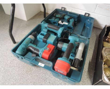A cordless tool box including drill, disc saw, sander etc