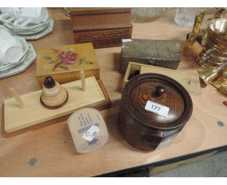 A selection of treen boxes including Chess pieces, tea caddy etc