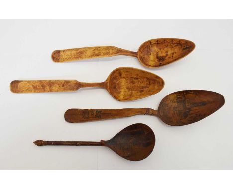 Four 19th century Russian Folk Art spoons, three with religious building decoration to bowls, 20cm long and smaller (4)