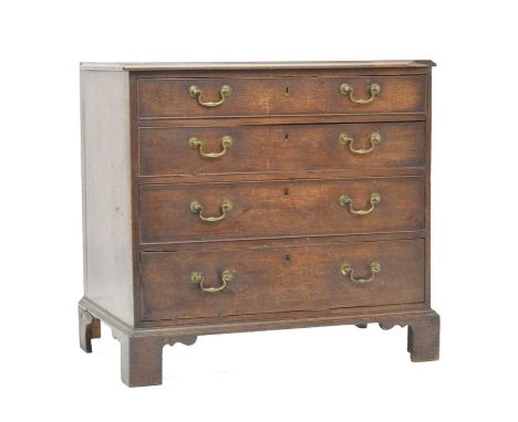 George III mahogany chest of four long graduated drawers, each with brass swan neck handles, raised on bracket feet, 87cm x 5