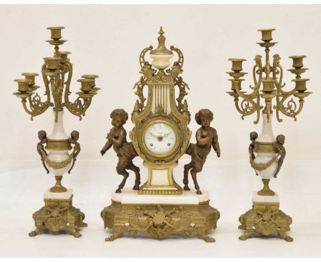 Reproduction French-style three-piece gilt metal and white marble clock garniture, having a white Roman dial with silvered mo