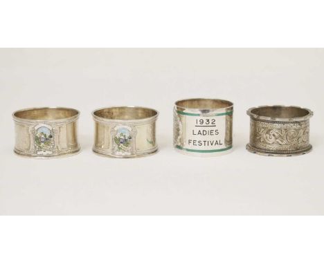 Pair of George V silver and enamel 'Porchway Lodge no.4675' napkin rings, sponsor's mark of Hukin &amp; Heath, Birmingham 192