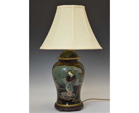 Large chinoiserie table lamp decorated with figural landscape, mounted on wooden base, 39cm high (ex.fitting and shade) 