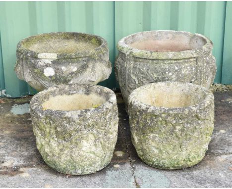 Pair of composite stone garden planters, together with a larger planter and pedestal urn on square base, 37cm diameter x 30cm