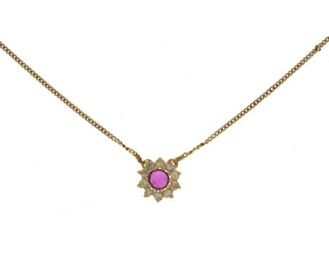 14ct gold ruby and diamond cluster pendant attached to a fine curb link chain, 39.5cm long approx, 2g gross approx