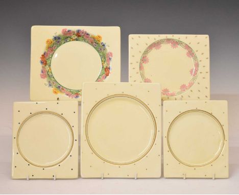 Four Clarice Cliff Royal Staffordshire 'Biaritz' plates and a bowl, printed and impressed marks, 23cm diameter and smaller