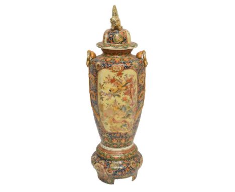 Large modern Japanese Satsuma-style floor vase and stand, with floral and bird decoration between moulded tied 'ropes' to sid