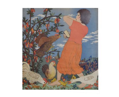 Ilse Breit (Austrian, 20th Century) - Coloured lithograph - Girl with goose and chickens, 47cm x 44cm, framed under glass
