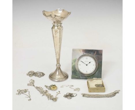 George V silver bud vase, Chester 1912, (weighted), mixed group of silver necklaces, fobs, etc, (95g gross approx), and a sil