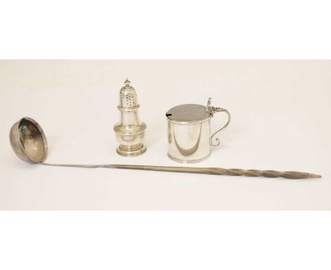 George III silver drum mustard pot, London 1785, and a George VI silver pepperette, Birmingham 1948, 140g approx, plus baleen