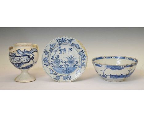Quantity of 18th century Delft and delftware comprising bowl, square vessel with cover and an 'S.E. Persicor' drug jar, 19cm 