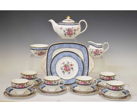 Royal Doulton Centennial Rose six person tea service to include; tea pot, sugar bowl, milk jug, six cups and saucers and serv