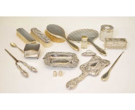 Quantity of silver-backed dressing table items, to include a George V three-piece set with engine turned decoration, Birmingh