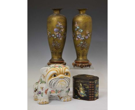 Pair of 20th century gilt metal vases with applied mother-of-pearl decoration, together with an Oriental-style tin tea caddy 