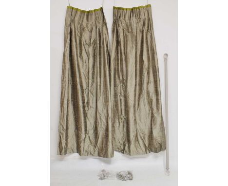 Laura Ashley - Pair of slubbed silk lined curtains, together with a pair of tassel tie backs, curtain pole, wall brackets, 20