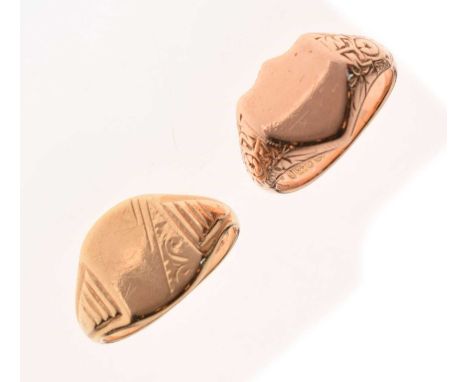 Two 9ct gold signet rings, one with shield-shaped matrix, size R approx, the other size U½ approx, together 12.6g approx, (2)