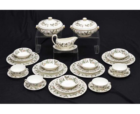 Wedgwood 'Strawberry Hill' pattern part dinner service to include; two lidded tureens, sauceboat, five dinner plates, ten bow