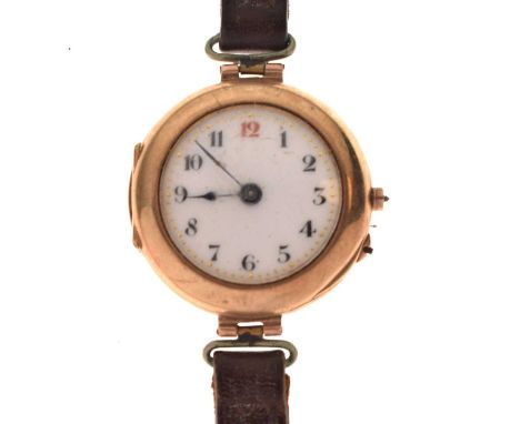 Early 20th century 9ct gold cased wristwatch, having a white enamel Arabic dial with blued steel hands, manual wind movement,