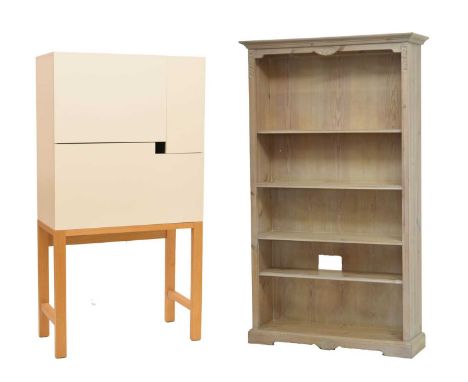 Modern compact desk, the upper section with two cupboards over drop-flap desk, on square section stand, 89cm x 41cm x 72cm hi