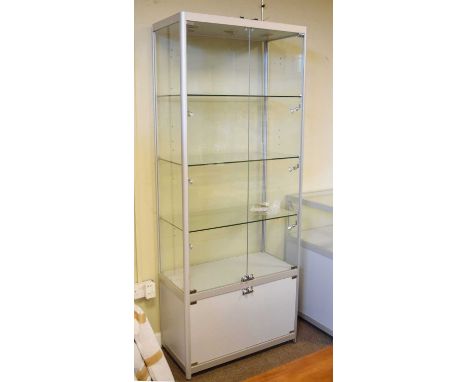 Modern glazed panelled and metal framed display cabinet with two glazed doors, three glass shelves and lighting, 79cm x 39cm 