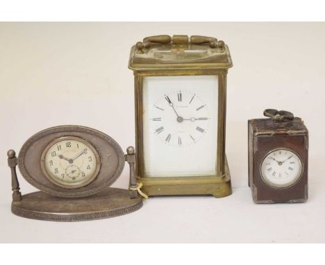 French gilt metal cased miniature carriage/travel carriage timepiece, having a white enamel Roman dial with blued steel spade