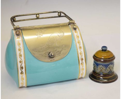 Copeland Spode aesthetic style biscuit barrel with silver plated mounts in the form of a handbag, 20cm wide, and a Doulton La