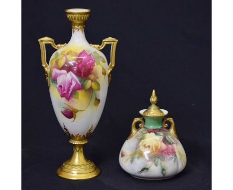 Mille Hunt for Royal Worcester floral and gilt decorated pedestal vase and cover, model 247, together with a small Hadley's v