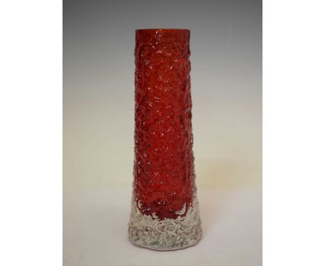 Geoffrey Baxter for Whitefriars, 'Finger' vase, pattern number 9819, in the Ruby red colourway, part of the Textured Glass ra