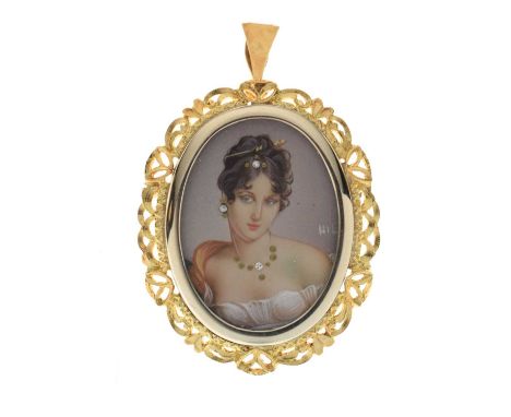 Yellow metal (750) miniature portrait brooch / pendant, 20th century, depicting a lady, with gemstone adornments to hair, ear