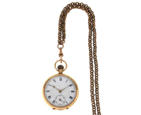 18ct yellow metal open-faced fob watch, the white enamel Roman dial with gilt hands and seconds subsidiary at the sixth hour,