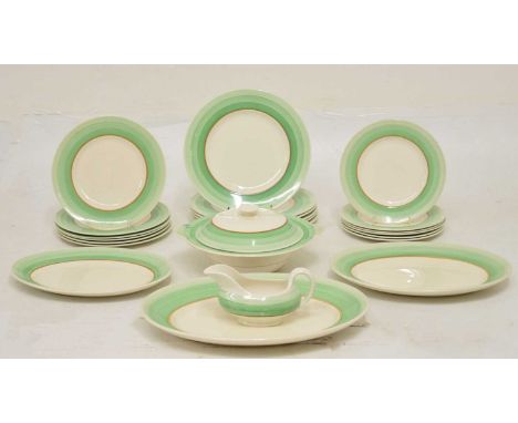 A.J. Wilkinson Ltd. Clarice Cliff part dinner service to include; sauceboat, tureen, serving dishes, dinner plates, etc. 