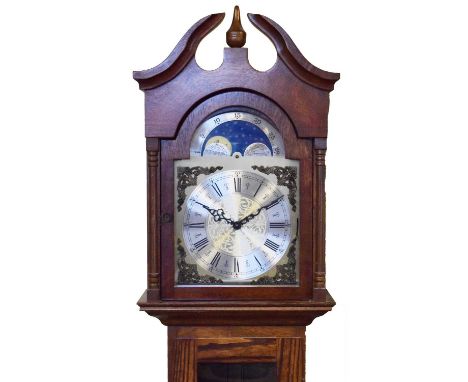 Modern mahogany longcase clock, having a silvered chapter ring Roman dial with decorative centre and moonphase, 174cm high, w