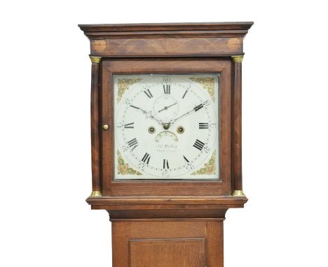 Early 19th century oak cased 8-day longcase clock, Jno. Bishop, Sherborne, 11-inch square white dial with Roman hour markers,