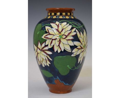 Foley Intarsio vase, having floral decoration against a deep blue ground, shape 3022, 25cm high 