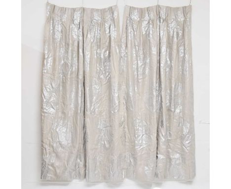 Three curtains, with silver printed floral design, interlined with pinch pleat headings, signed - 220cm drop x 324cm width of