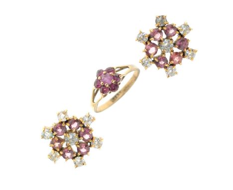 9ct gold ruby cluster ring, size I approx, 1.2g gross approx, and a pair of unmarked yellow metal gem-set cluster ear studs, 