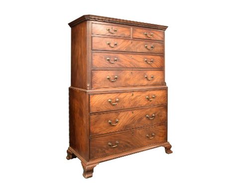 George III mahogany chest on chest, the upper section fitted with two short over three long drawers with the lower section fi