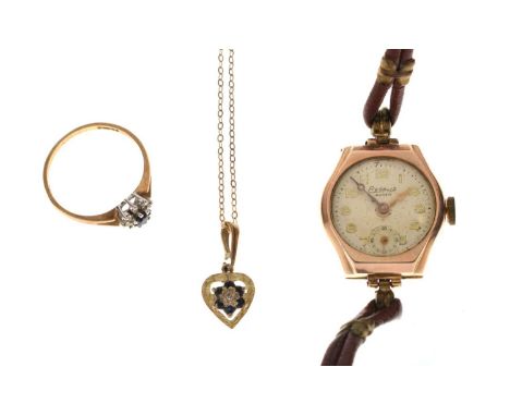 Lady's 9ct gold watch, dress ring and pendant, comprising a Regalis 'Andrew' watch, Arabic dial, manual wind movement (uninsp