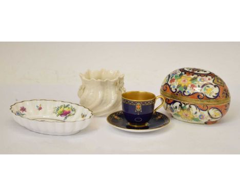 Noritake egg-shaped box and cover, together with a Royal Worcester dark blue and gilt decorated cup and saucer, Belleek pot a