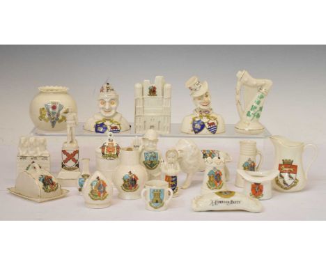 Quantity of crested ware china, with some novelty examples to include; 'Birmingham' lion, 'A Cornish Pasty', 'Rothbury', 'Dar